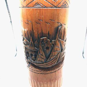 Bamboo Brush Pots Habor Scene 8 " Japanese Carved Vintage